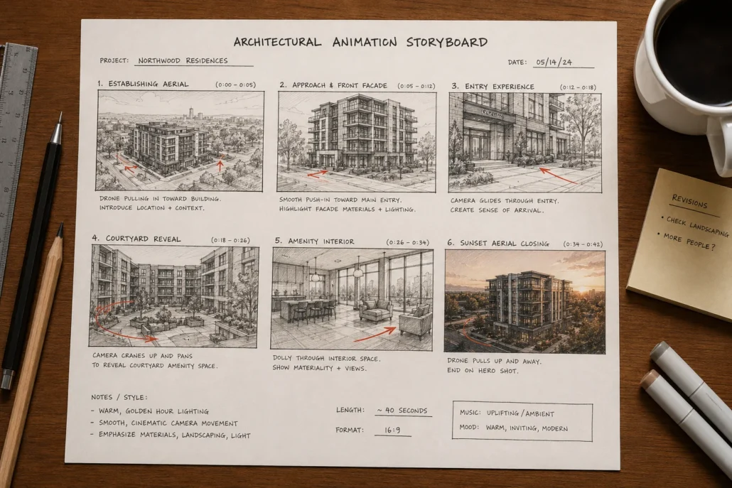 Animation planning: a printed storyboard sheet of pencil shot panels with camera notes and timings, on a desk with pencils, ruler and marker pens.