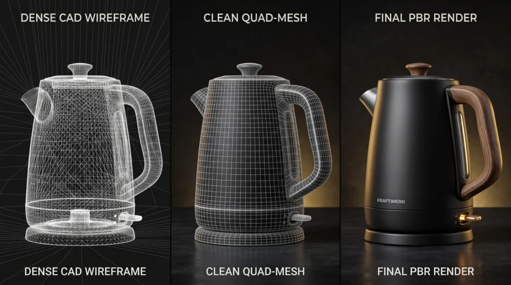 Product model shown as CAD wireframe, optimized mesh, and final photoreal render