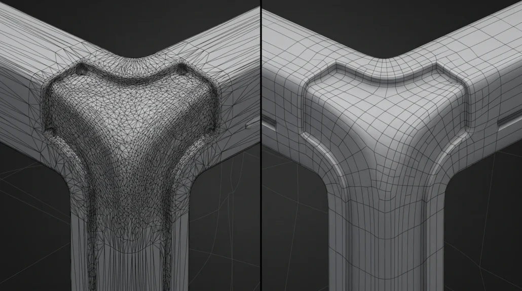 Dense CAD tessellation next to a clean retopologized product mesh