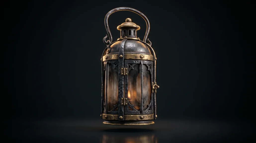 An ornate game-prop lantern in dark hammered iron with brass bands, rivets and a latch, its smoke-stained glass panels glowing warm from within, against a dark studio background