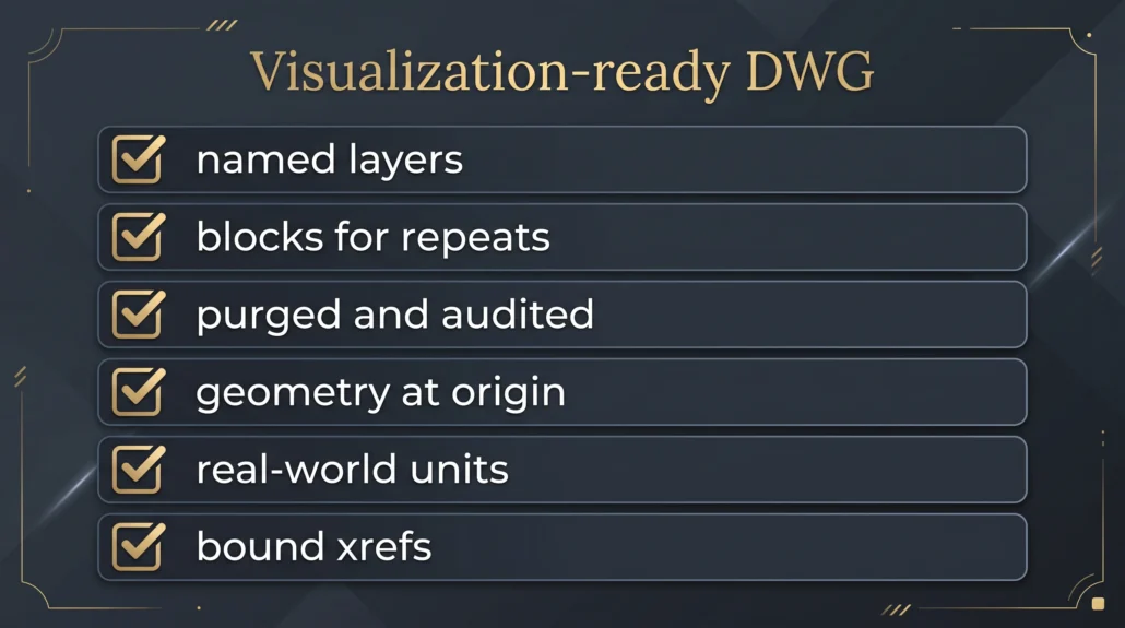 Checklist of what makes an AutoCAD DWG file ready for 3D visualization