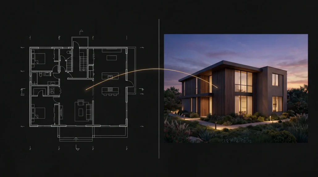 A 2D architectural floor plan in white linework beside a photoreal dusk render of a house, joined by a thin gold thread - the drawing becoming the visualization