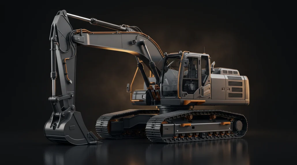 A photoreal render of an unbranded tracked excavator, immaculate and studio-lit against a dark background