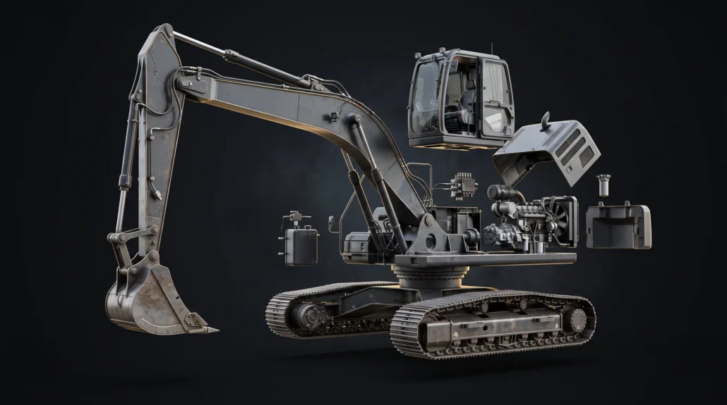 A photoreal exploded view of an unbranded tracked excavator, its cab, engine cover, engine, hydraulic tank and counterweight drawn apart in mid air above the tracks