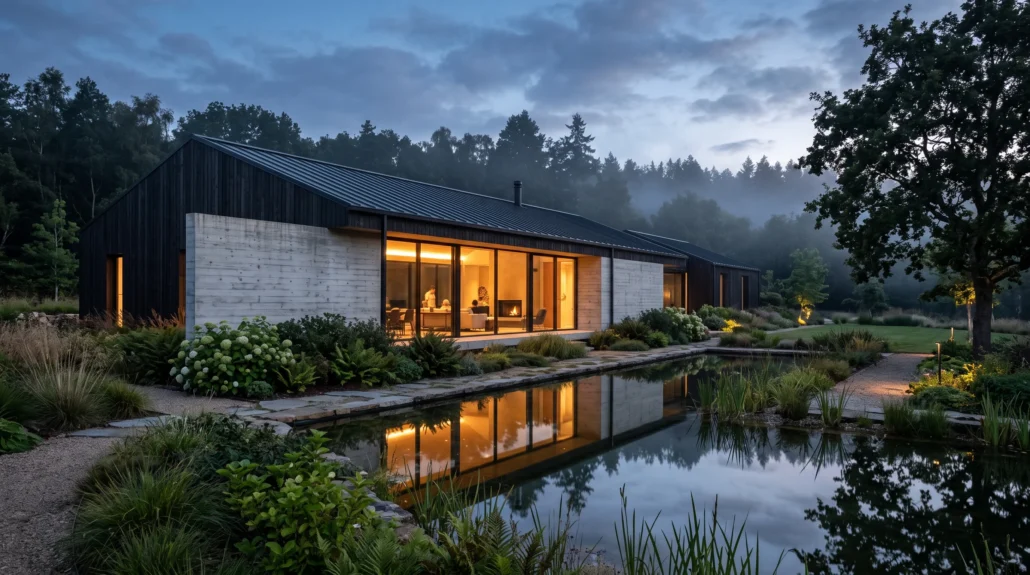 Dusk exterior visualization of a contemporary house in dark timber and board-formed concrete, its lit interior reflected in a garden pond