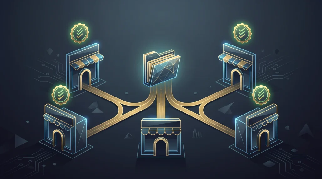 A single 3D model file branching along gold paths to several online storefronts, each carrying an approval stamp