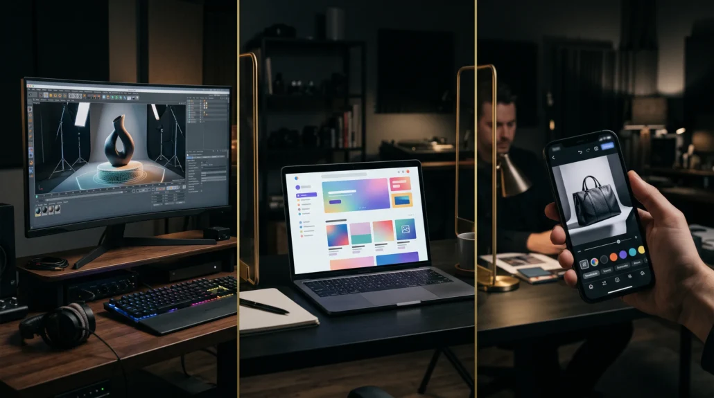Three kinds of product visualization software side by side: a desktop rendering rig lighting a product in a 3D scene, a laptop showing a web storefront layout, and a hand holding a phone editing a product photo
