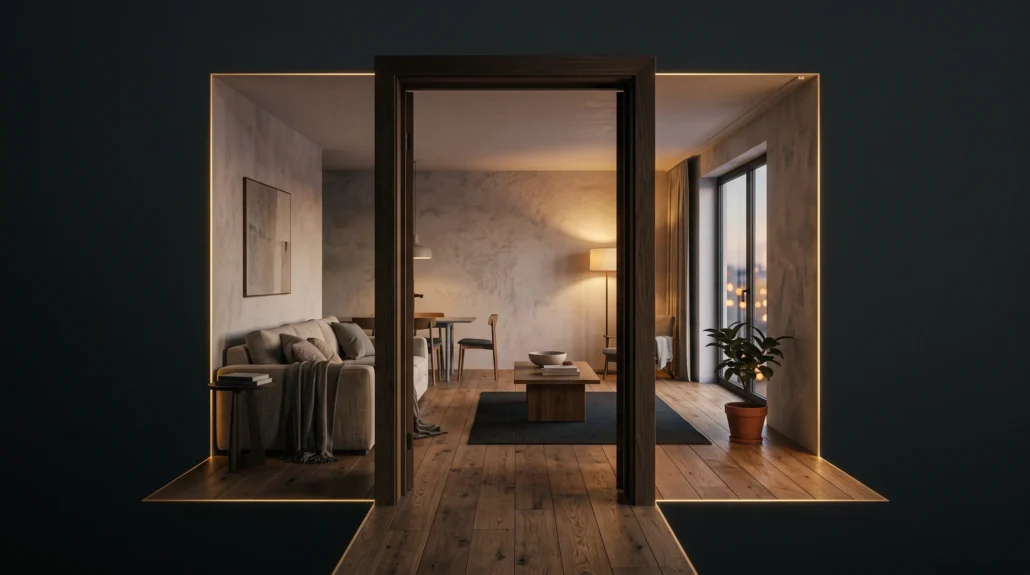 A warmly lit apartment interior floating in black emptiness, its wooden floor and plastered walls stopping at thin glowing edges where the built space simply ends, with the rooms visible through the open doorway fully furnished