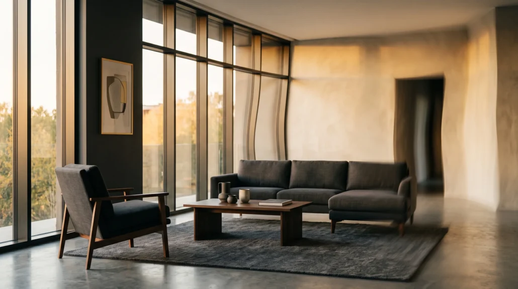 A modern living room in low evening sun where the window frames along the back wall bend into wavy curves and the far wall and doorway ripple out of shape, while the sofa, armchair and coffee table in the foreground stay sharp and square