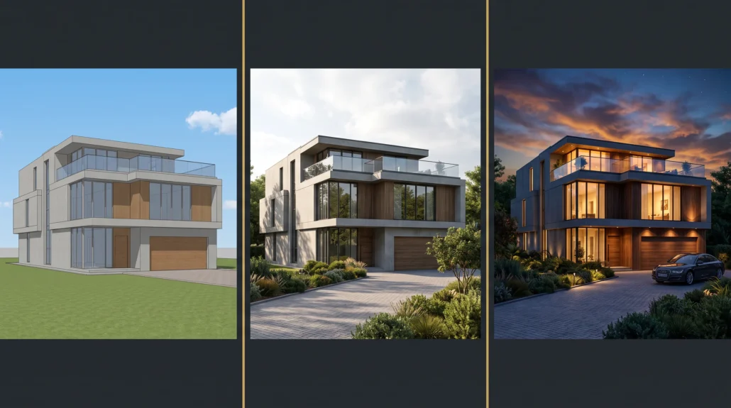Same house rendered at three quality tiers showing why 3D rendering cost varies