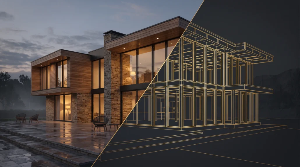A dusk render of a modern house with the rendered surfaces falling away to reveal the 3D model geometry underneath