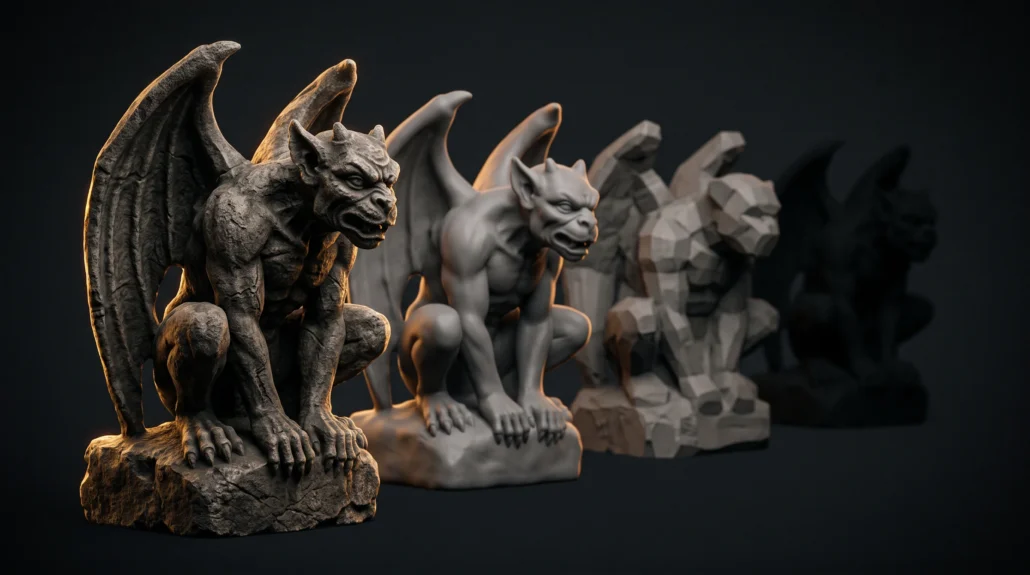 A finished stone gargoyle game asset in front, with three rougher earlier versions of the same sculpt receding behind it: a smooth grey sculpt, a faceted blockout, and a bare silhouette fading into darkness
