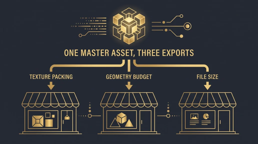 Diagram showing one master 3D asset exported three ways, with texture packing, geometry budget and file size differing per platform