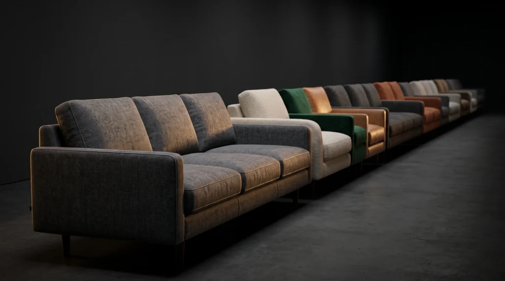 A dark studio lineup of the same sofa repeated in different upholstery — charcoal weave, cream bouclé, green velvet, tan leather, rust — receding into shadow