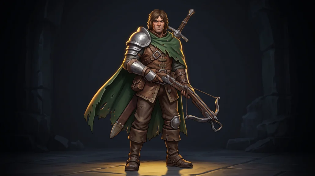 A stylized armoured game character with a torn green cloak and crossbow, lit from a low angle with gold rim light against a dark background