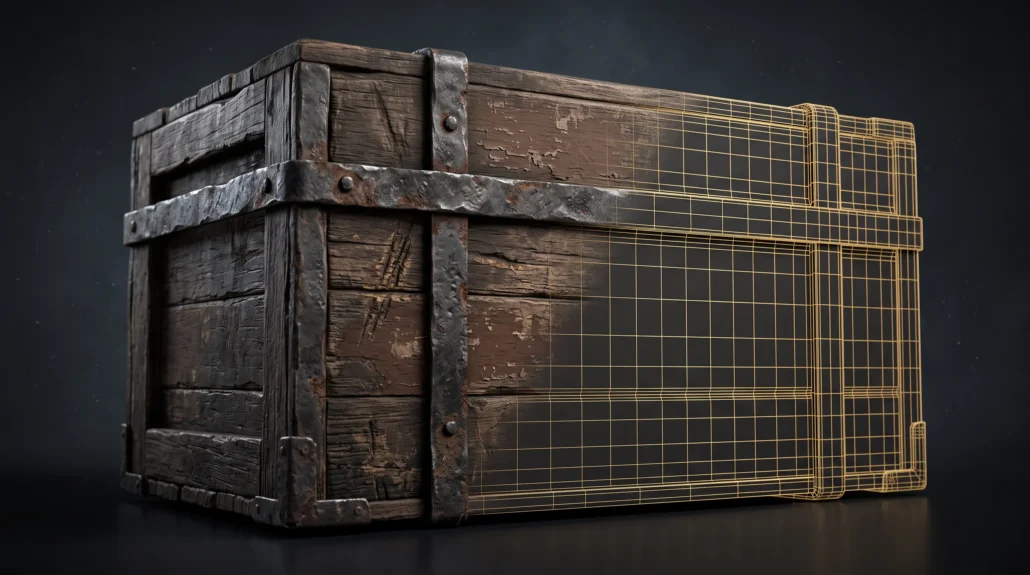 A game-ready wooden crate shown half fully textured and half as gold quad wireframe over dark shading