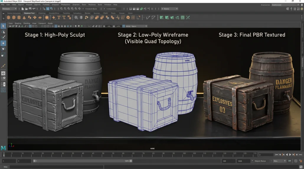 Low-poly modeling stages in Maya: high-poly sculpt, retopologized wireframe, final textured asset