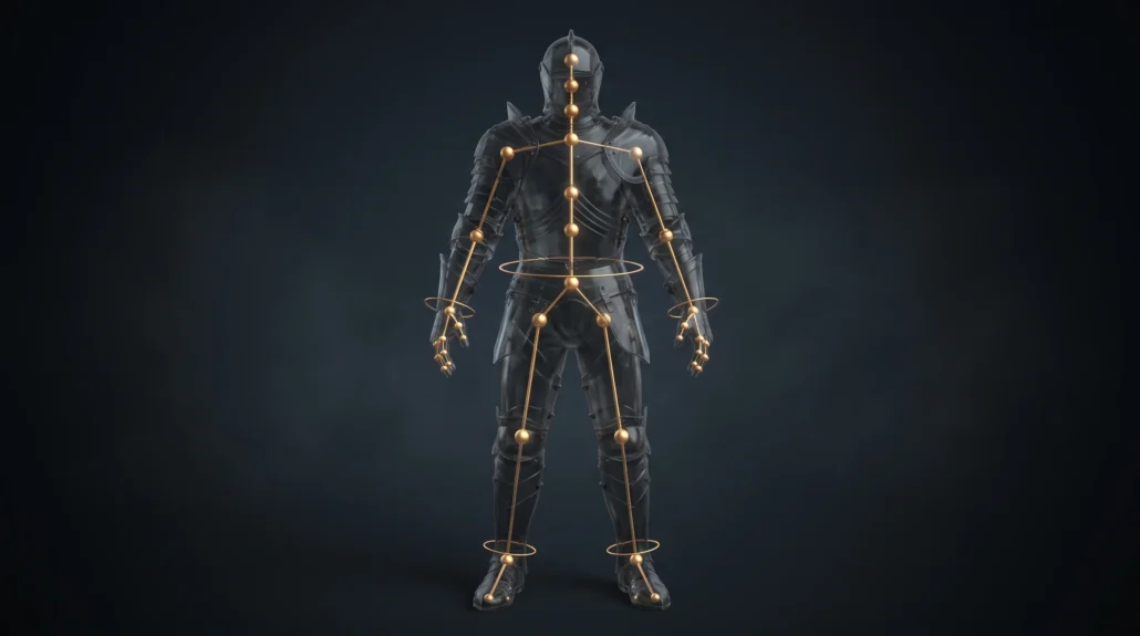 A translucent armoured game character with a gold animation rig inside it — pivot spheres at each joint, connecting rods, and control rings at the wrists, waist and ankles