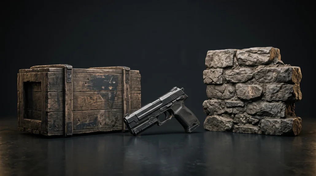 Three game-ready props on a dark studio floor: a weathered wooden supply crate, a matte black pistol, and a modular stone wall section