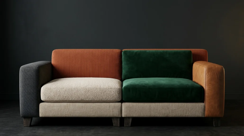 One sofa upholstered in a different material on every section: charcoal wool arm, rust corduroy back, green velvet and cream bouclé seats, tan leather arm, oatmeal linen base