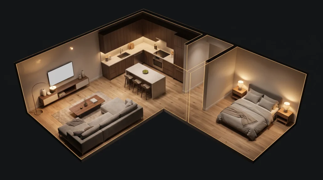 A photoreal apartment seen from an impossible corner vantage with two walls removed, showing every room at once