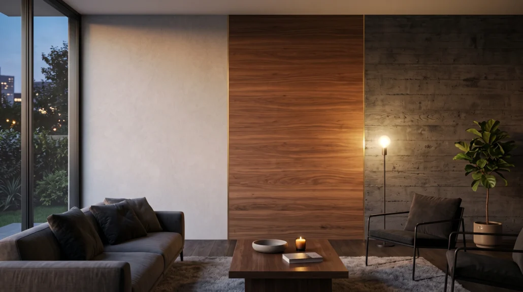 A photoreal living room with one wall split into three full-height material finishes: plaster, walnut and concrete