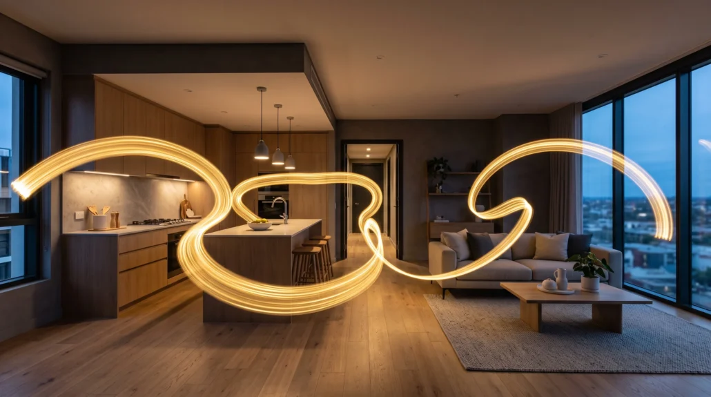 A photoreal apartment interior with a curving trail of gold light showing the path a camera swept through the space