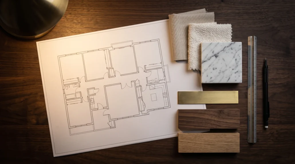 An overhead view of a bare line-work floor plan on a dark desk with fabric, marble, brass and timber samples