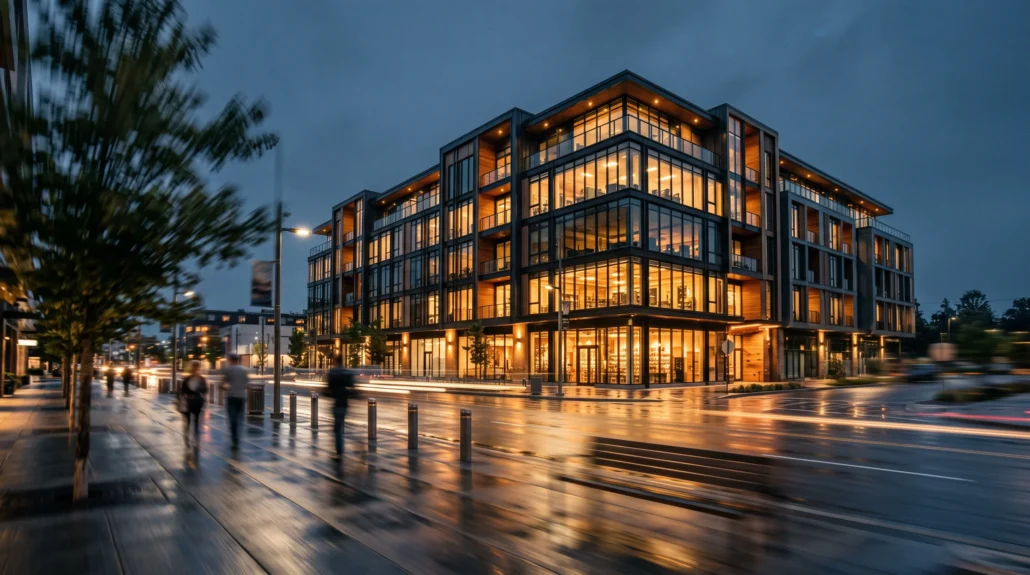 A contemporary building at blue hour, sharp against foreground pedestrians and traffic streaked into motion blur