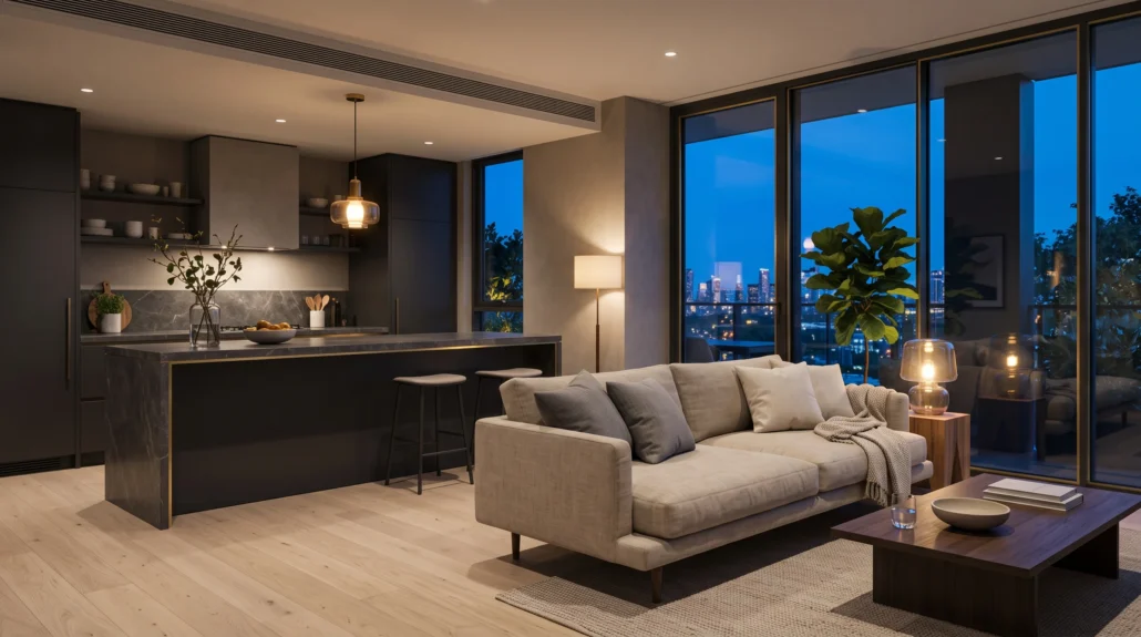 A photoreal dusk interior of a modern apartment with warm lamplight and pale oak floors