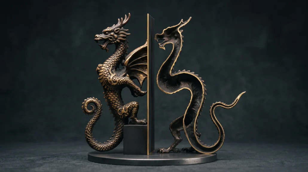 A dragon figurine cut in cross-section revealing a paper-thin outer shell and a hollow unsupported interior