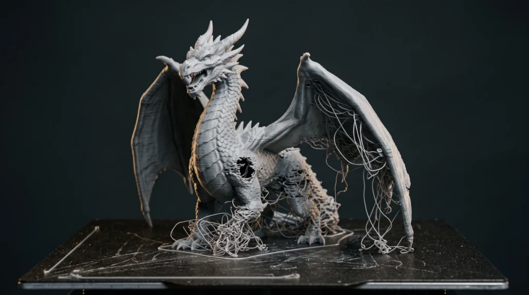 A dragon figurine 3D print on a build plate, intact above but sagging into drooping strands and a torn hole below